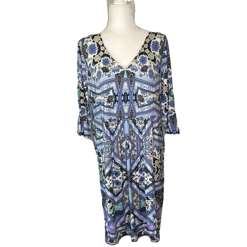 j.jill Dress Jersey Knit M Blue Floral Patchwork 3/4 Sleeve Boho Modern Classic